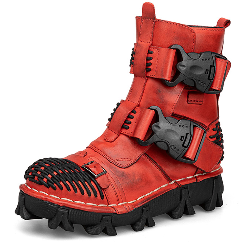 Men Shoes Red - Men's Genuine Leather Motorcycle Boots,Goth Skull