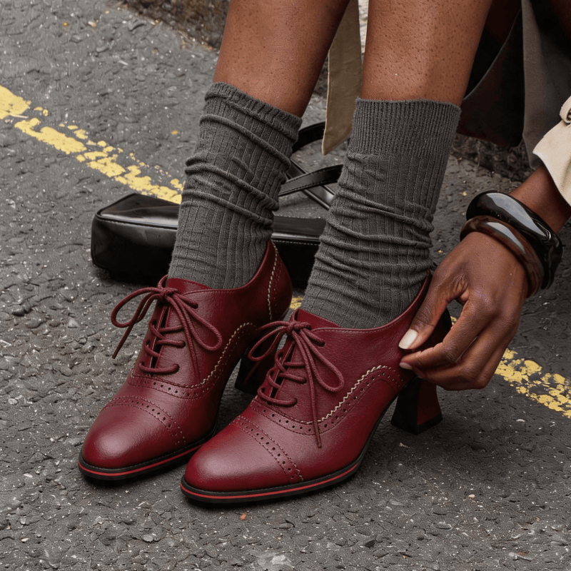 Oxford Brogue Leather - Women’s Faux Leather Brogue Oxford Heels